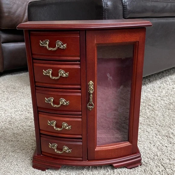 Classic Red Wooden Jewelry Armoire with Glass Door - Picture 1 of 11